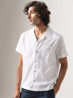 Men's 100% Cotton Stripe Regular Fit Cuban Collar Shirt White