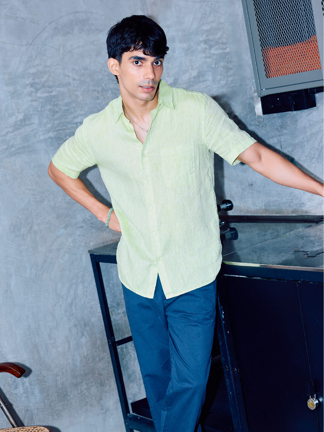 Men's Lime 100% Linen Regular Fit Shirt
