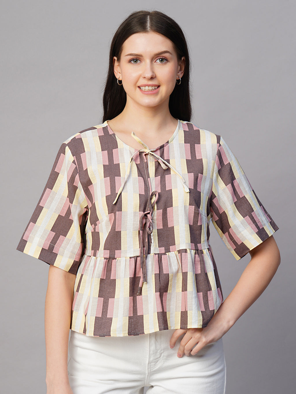 Women's Pink Cotton Flax Regular Fit Blouse