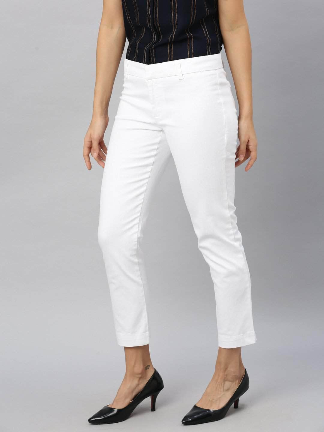 Women's White Cotton Lycra Regular Fit Pant