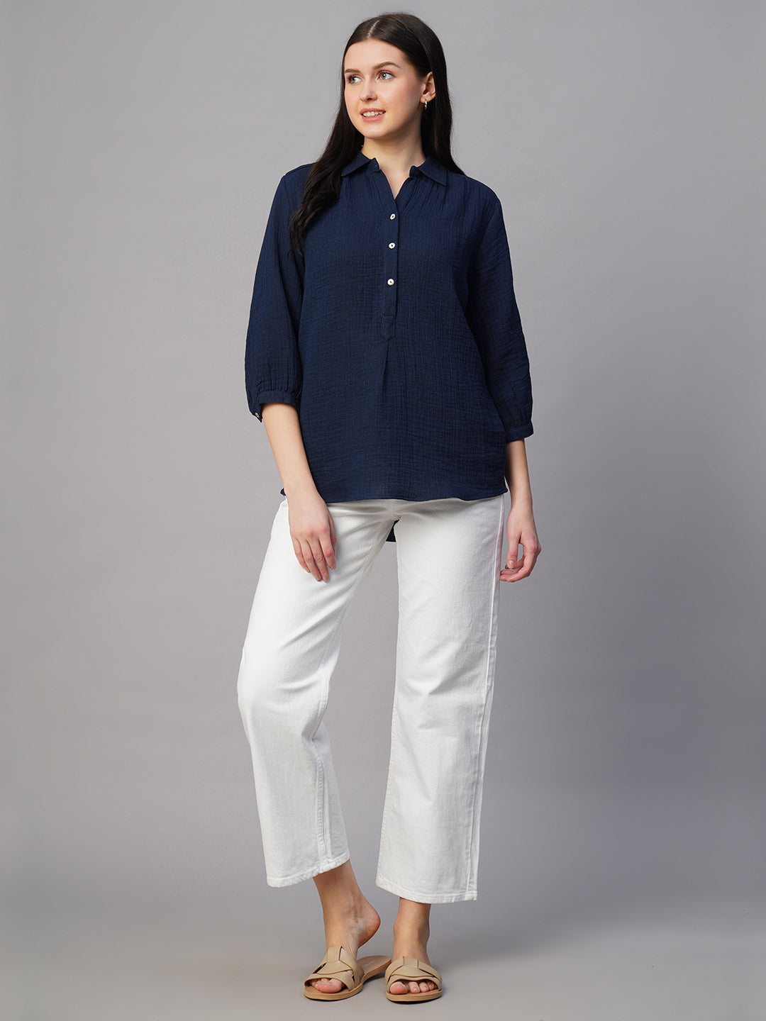 Women's Indigo Cotton Regular Fit Blouse