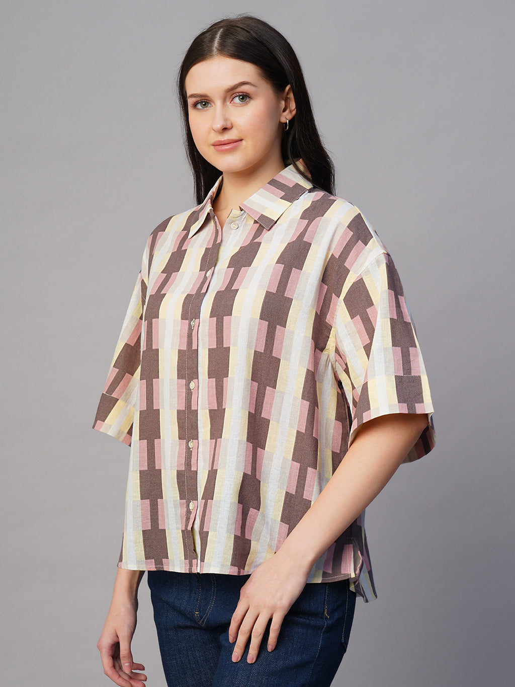 Women's Pink Cotton Flax Boxy Fit Blouse