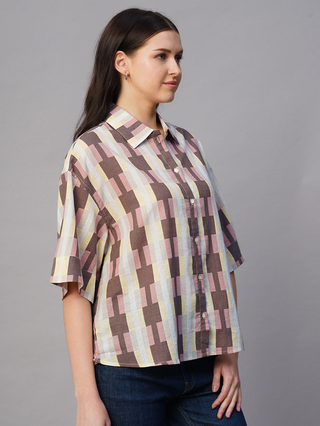 Women's Pink Cotton Flax Boxy Fit Blouse