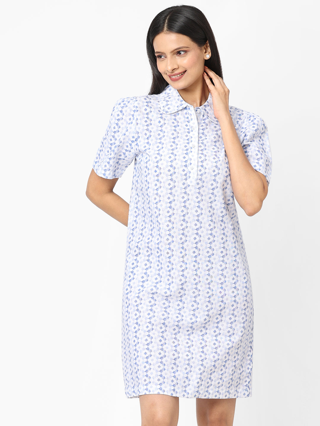 Womens Blue Linen Cotton Regular Fit Dress