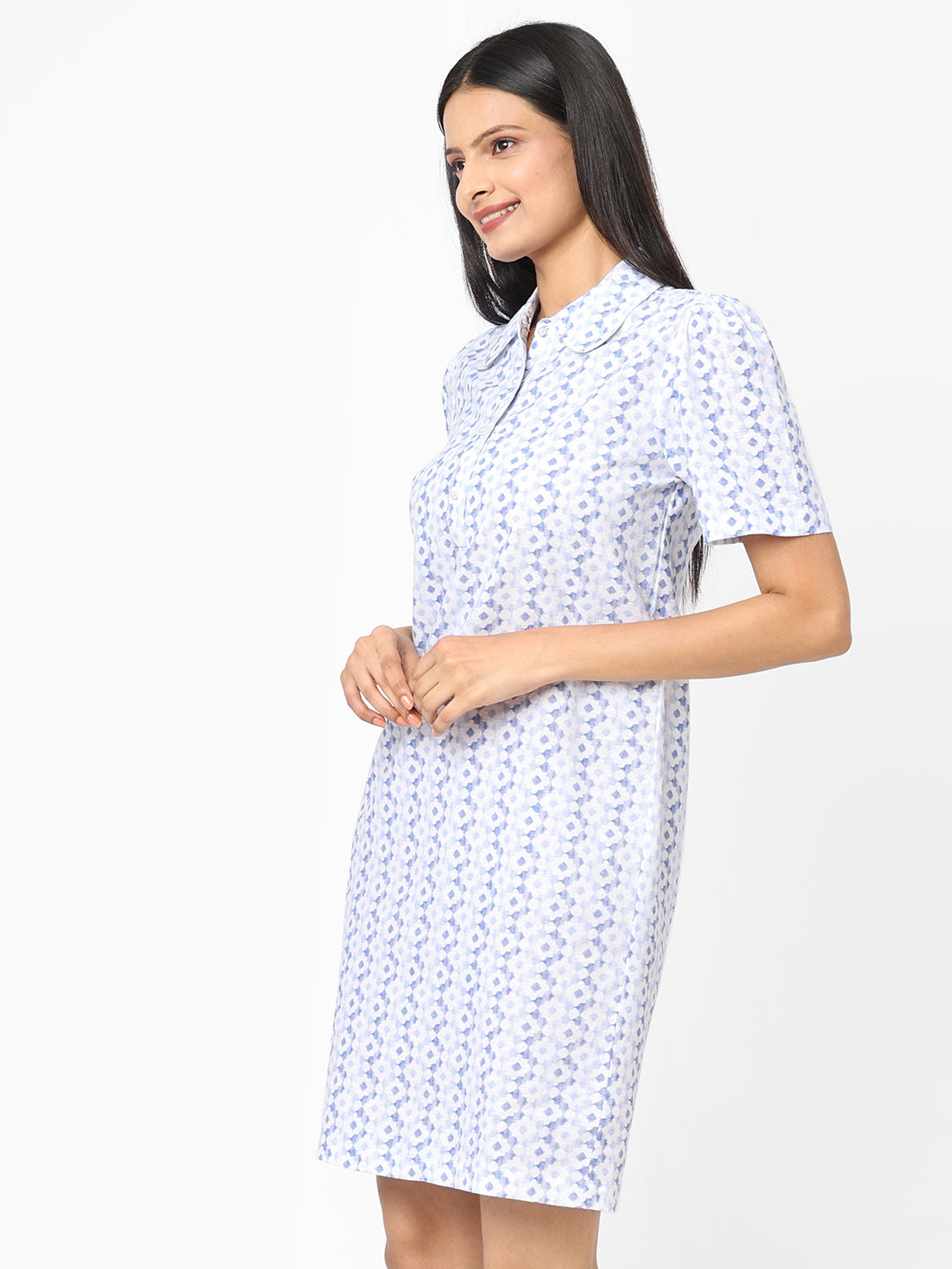 Womens Blue Linen Cotton Regular Fit Dress