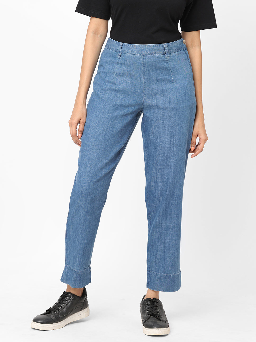 Women's Denim Blue Cotton Viscose  Regular Fit Pant