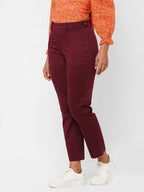 Women's Cotton Lycra Regular Fit Pant Maroon/Red
