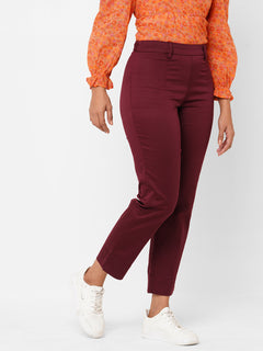 Women’s Cotton Lycra Regular Fit Pant Maroon Red