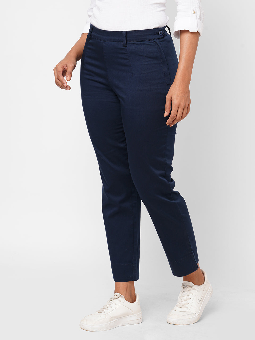 Women's Navy Cotton Lycra Regular Fit Pant