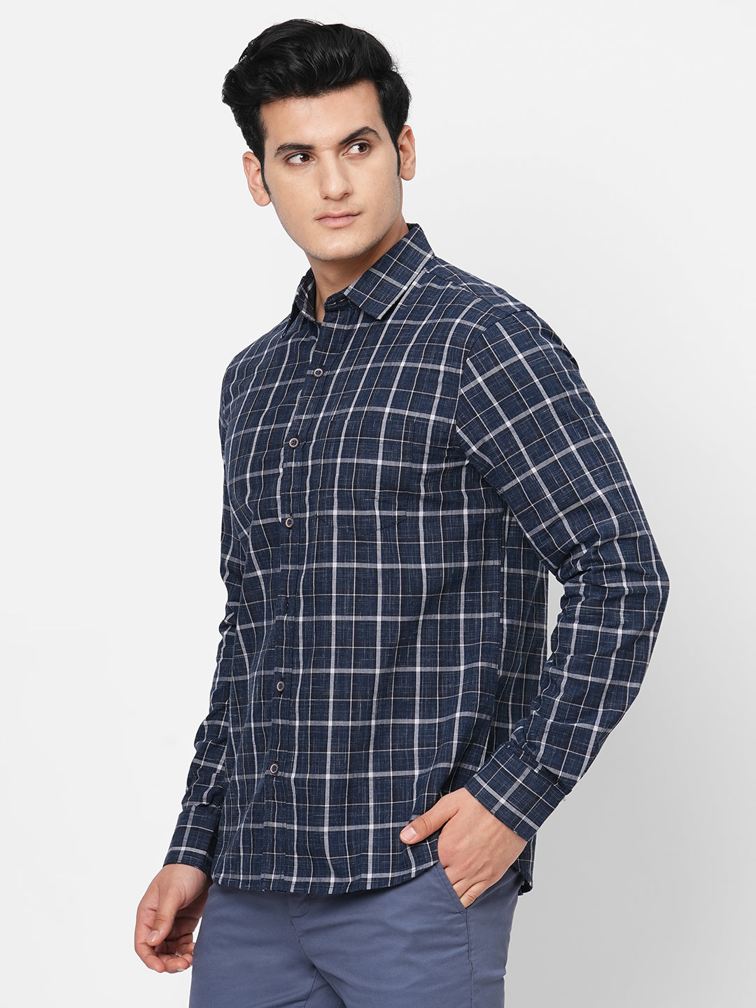 Men's Navy Cotton Regular Fit Checked Shirt